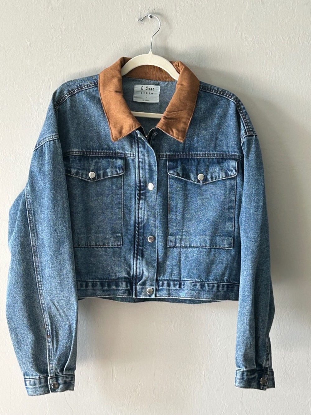 Ci Sono Denim Barn Jean Jacket Brown Corduroy Collar Cropped Snap Zip Up Sz L